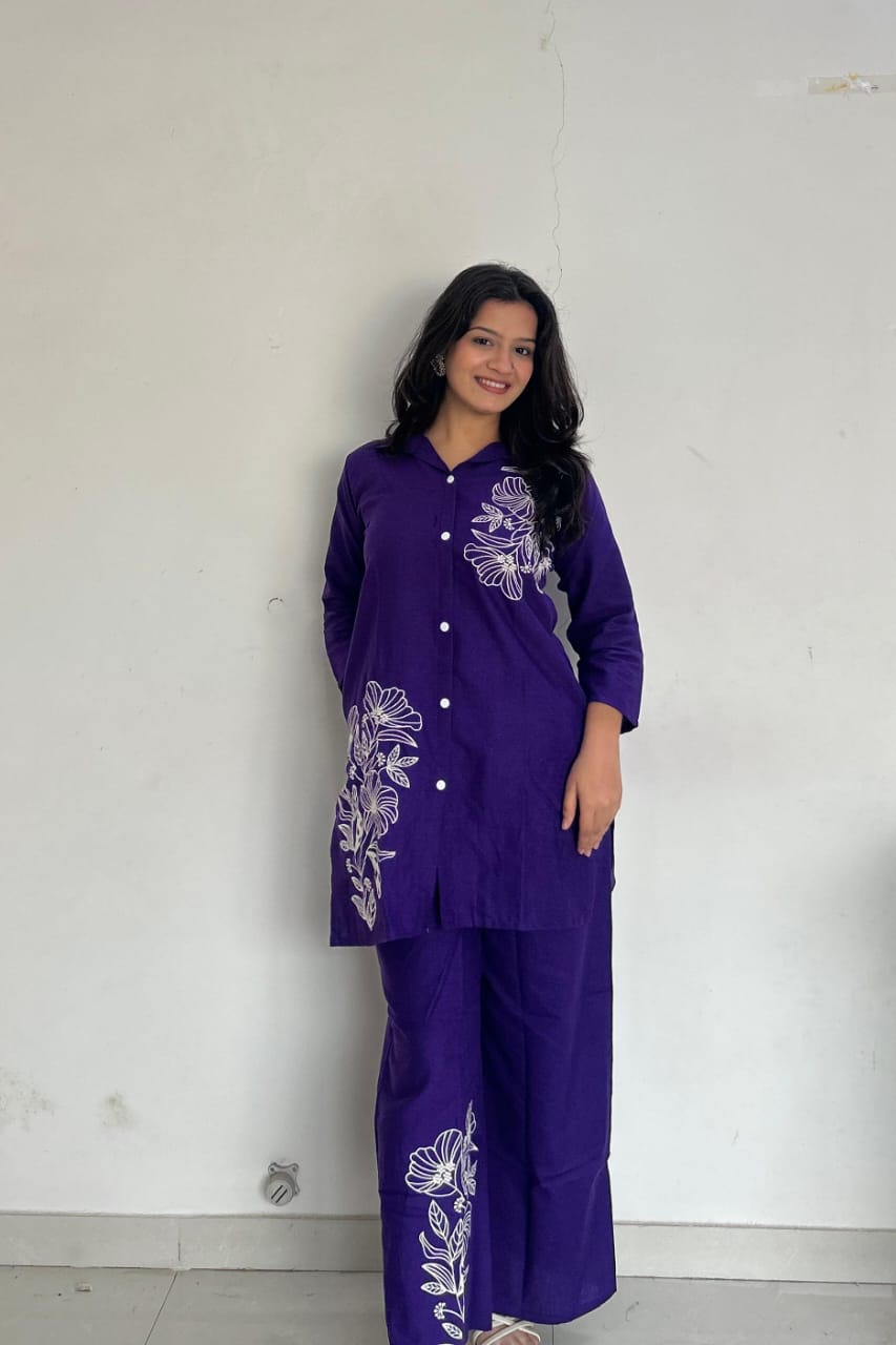 Purple Pure Cotton Button-Down Kurti and Palazzo Co-ord Set