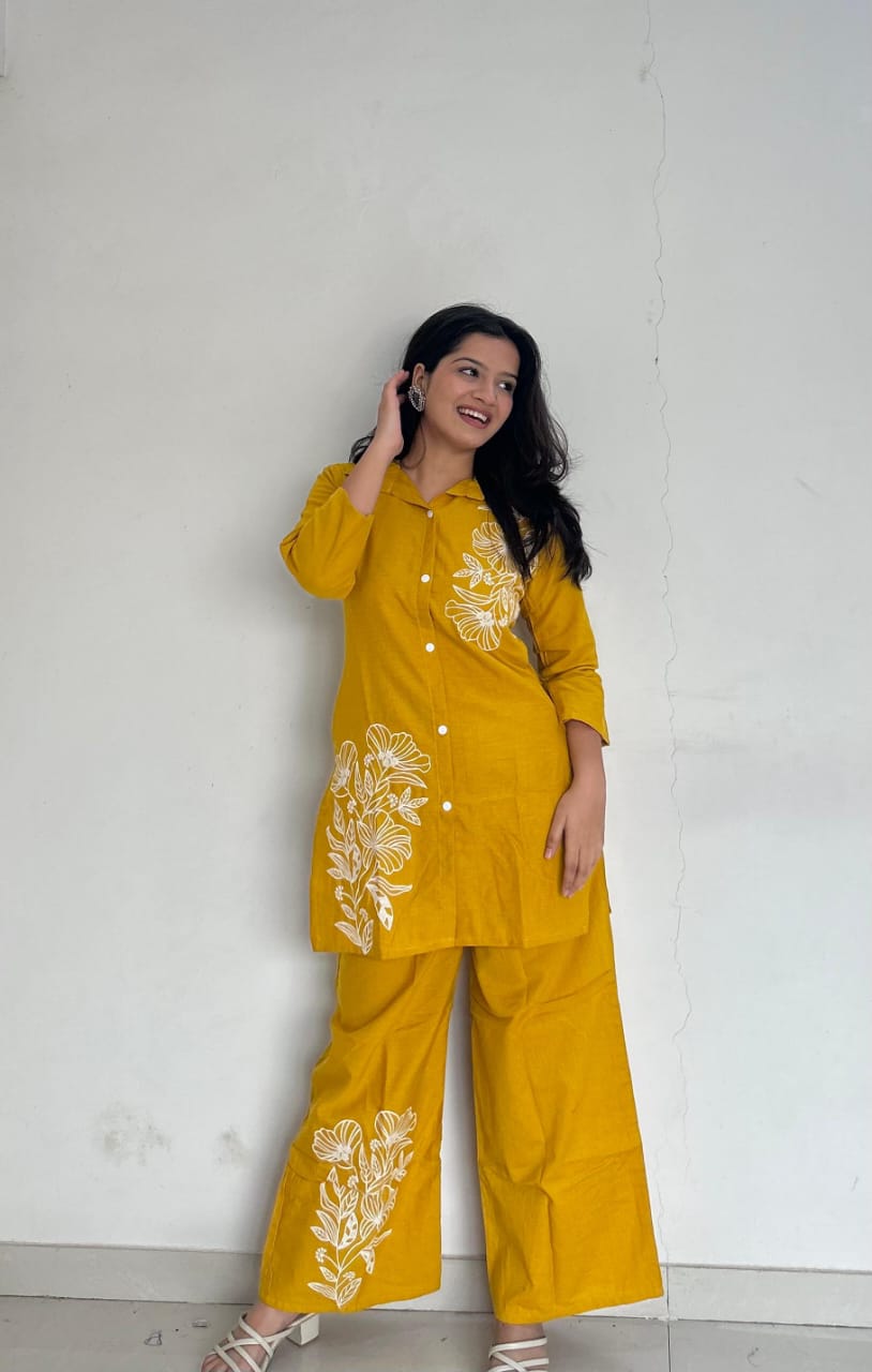 Yellow Pure Cotton Button-Down Kurti and Palazzo Co-ord Set