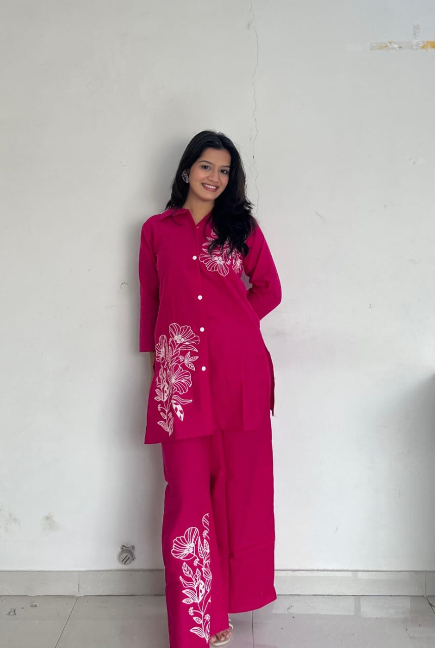 Pink Pure Cotton Button-Down Kurti and Palazzo Co-ord Set