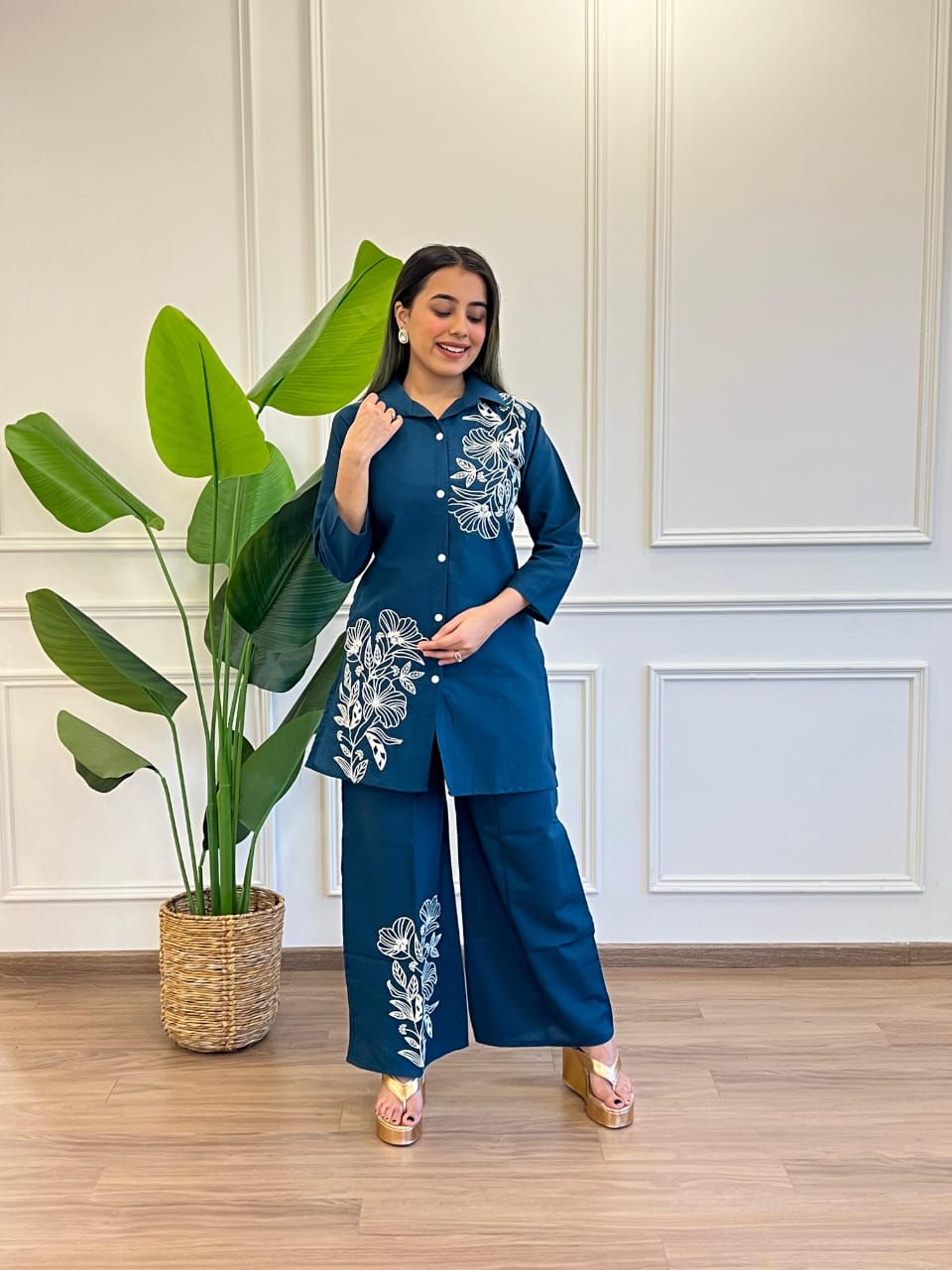Teal Pure Cotton Button-Down Kurti and Palazzo Co-ord Set