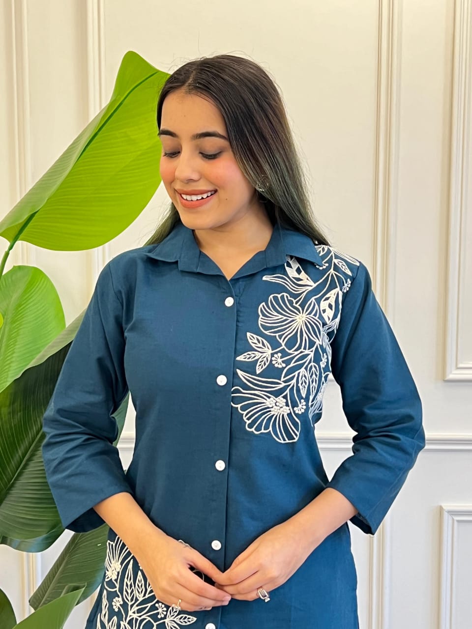 Teal Pure Cotton Button-Down Kurti and Palazzo Co-ord Set