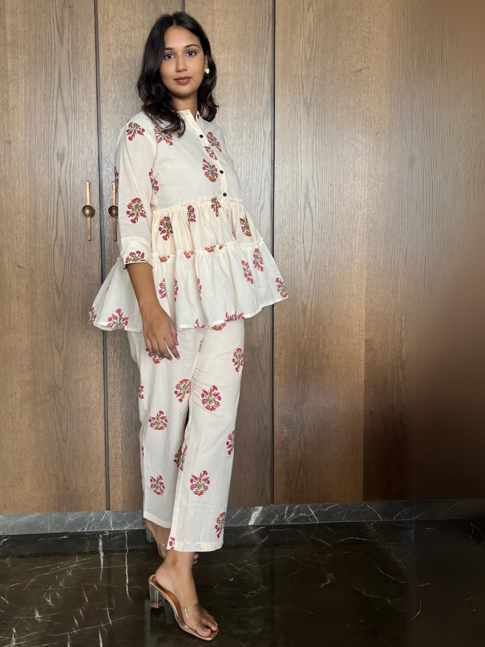 Off-White and Red Floral Cotton Peplum Set