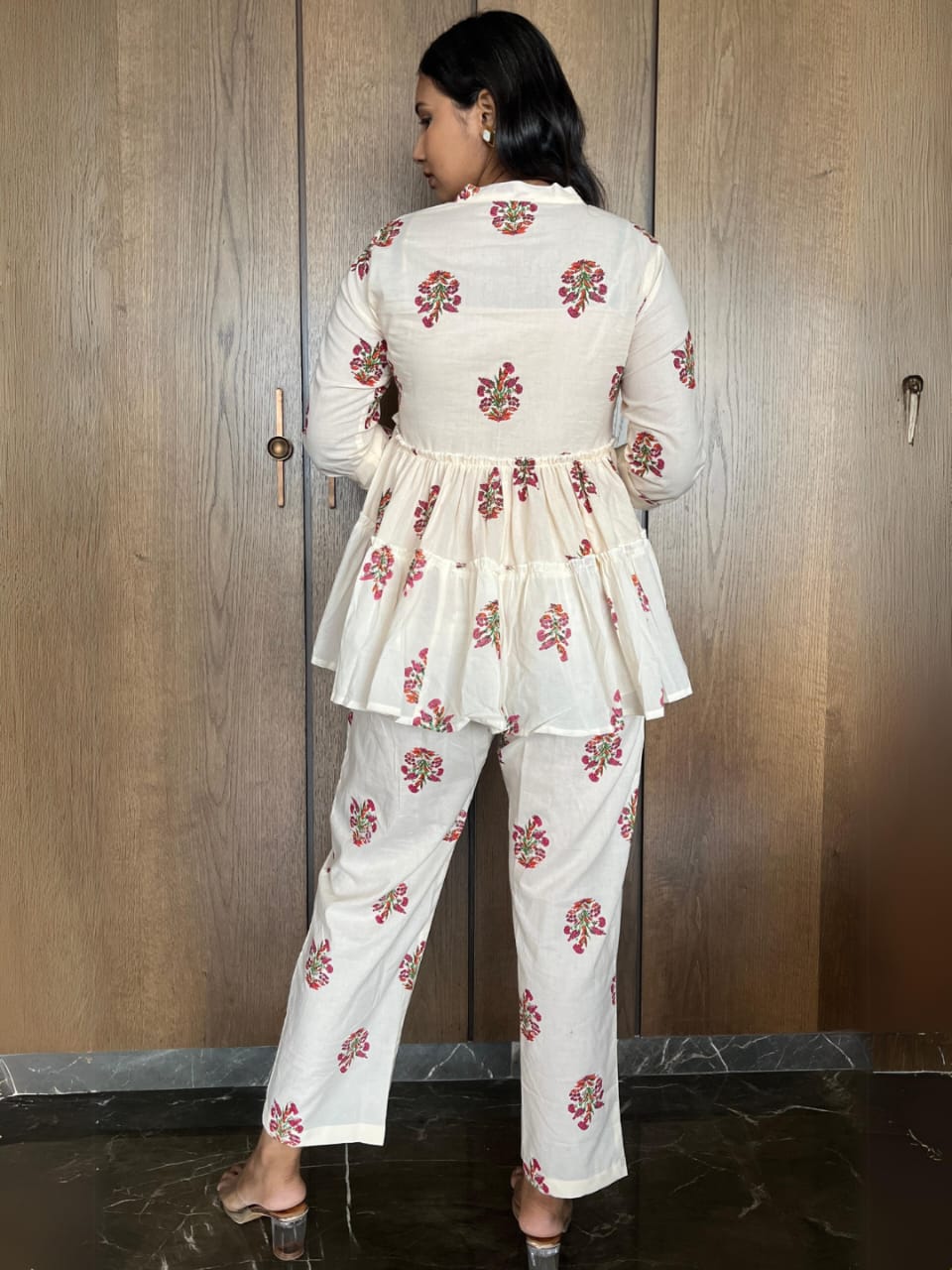Off-White and Red Floral Cotton Peplum Set