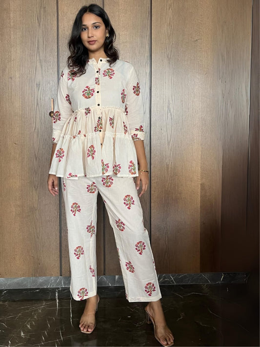 Off-White and Red Floral Cotton Peplum Set