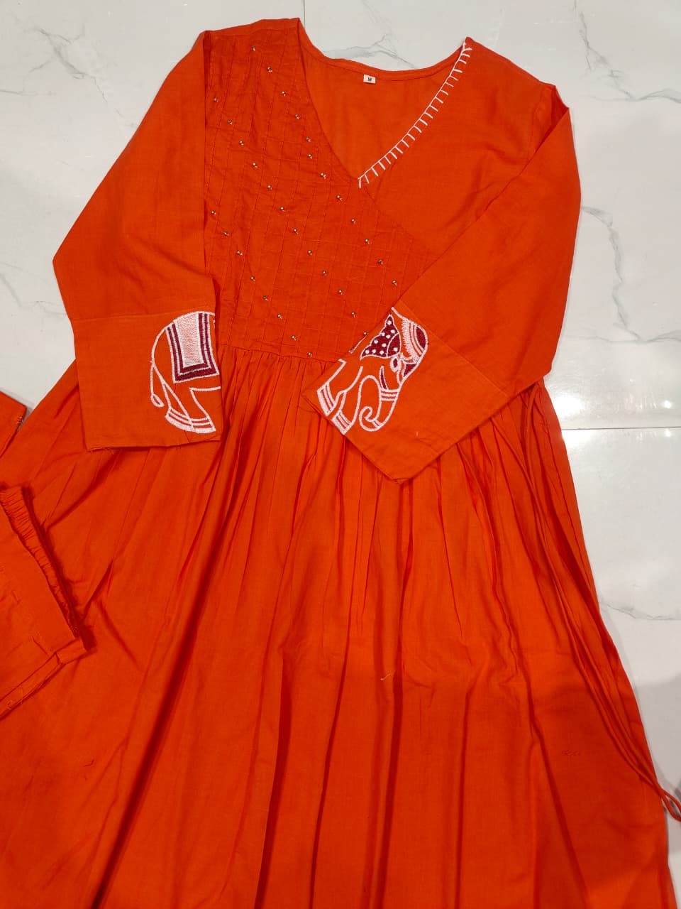 Orange V-Neck Flared Cotton Kurta Set with Side Tie-ups