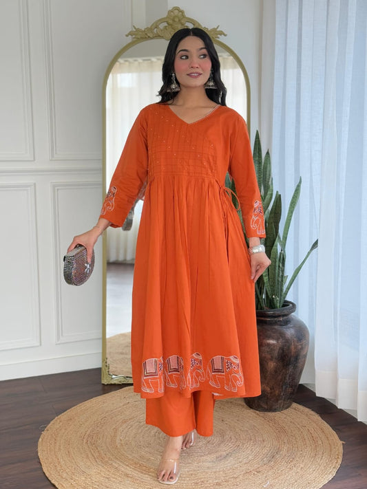 Orange V-Neck Flared Cotton Kurta Set with Side Tie-ups