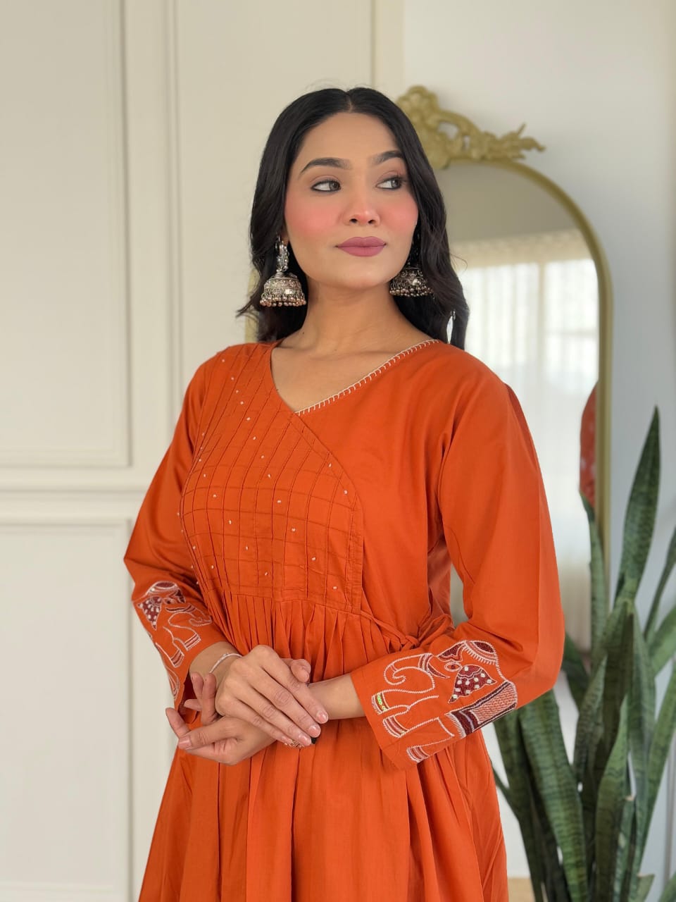 Orange V-Neck Flared Cotton Kurta Set with Side Tie-ups