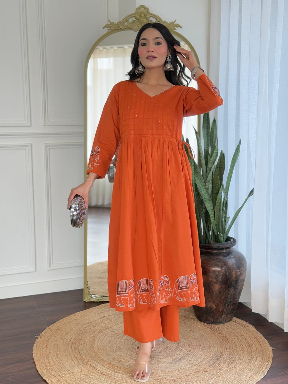 Orange V-Neck Flared Cotton Kurta Set with Side Tie-ups