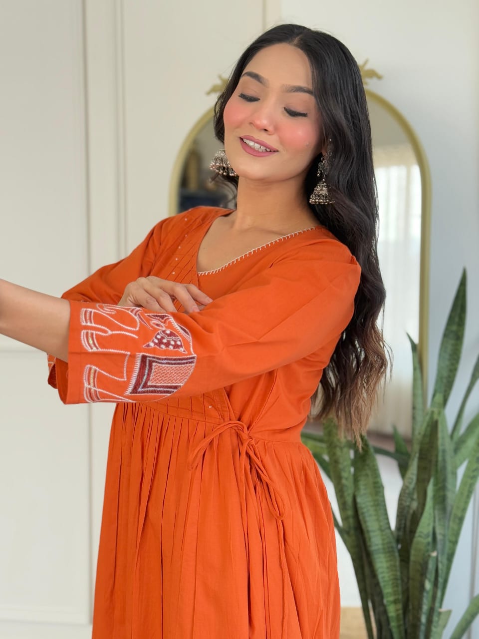 Orange V-Neck Flared Cotton Kurta Set with Side Tie-ups