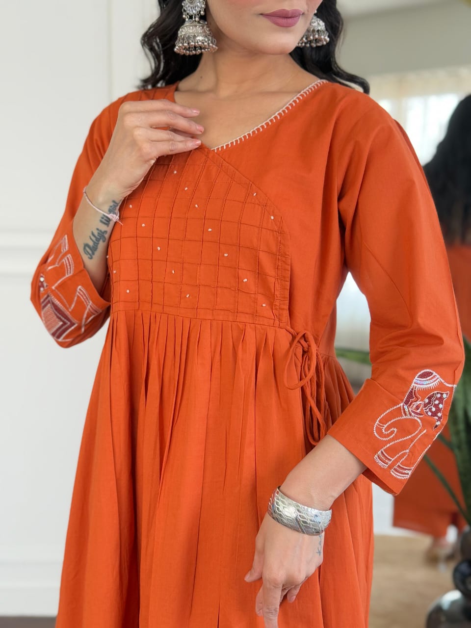 Orange V-Neck Flared Cotton Kurta Set with Side Tie-ups