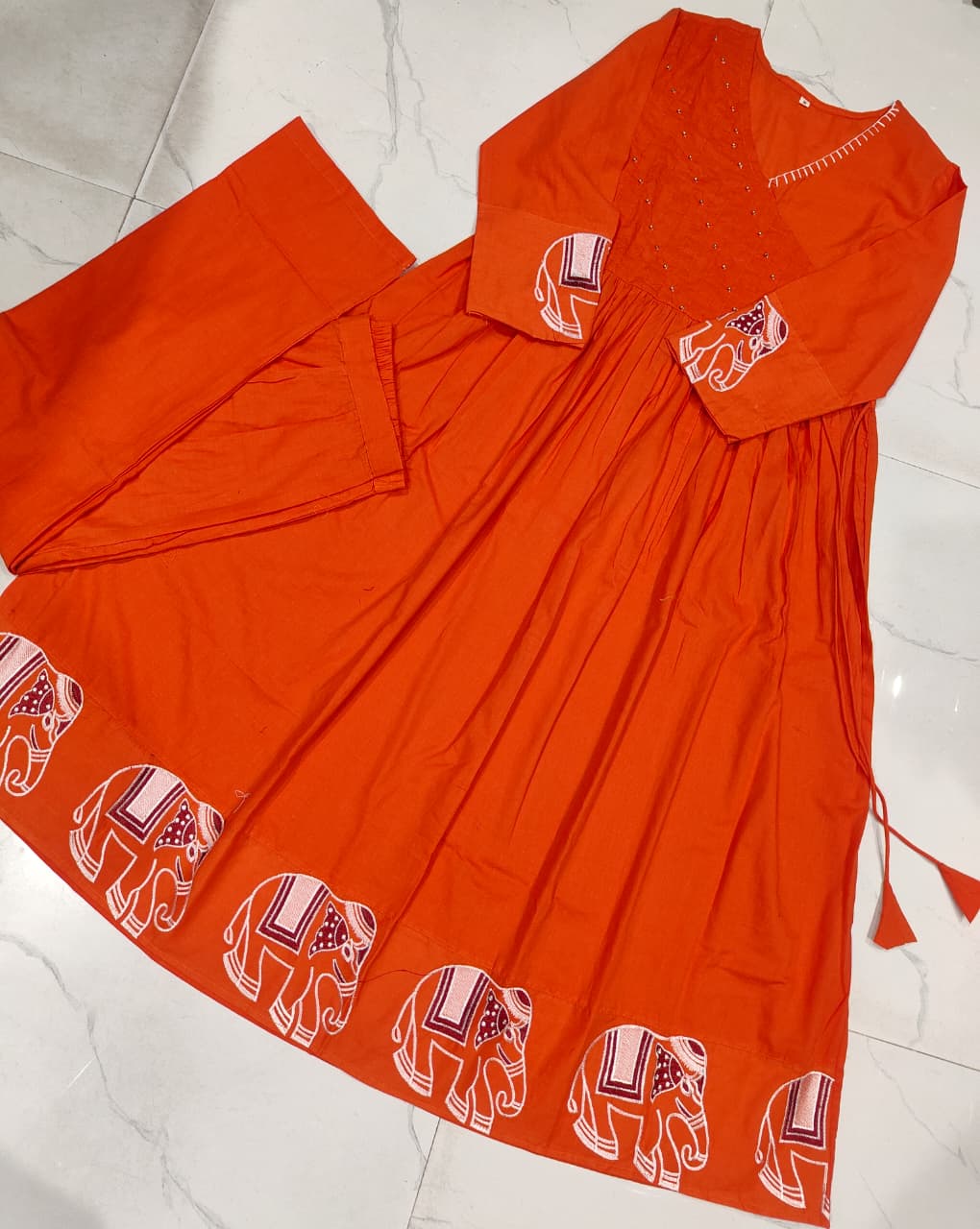Orange V-Neck Flared Cotton Kurta Set with Side Tie-ups