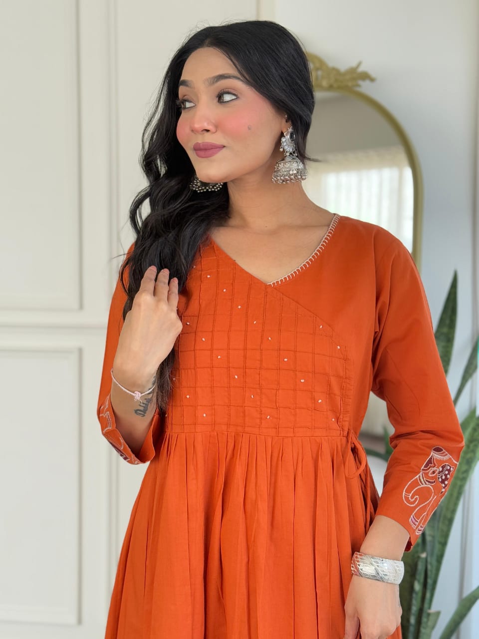 Orange V-Neck Flared Cotton Kurta Set with Side Tie-ups