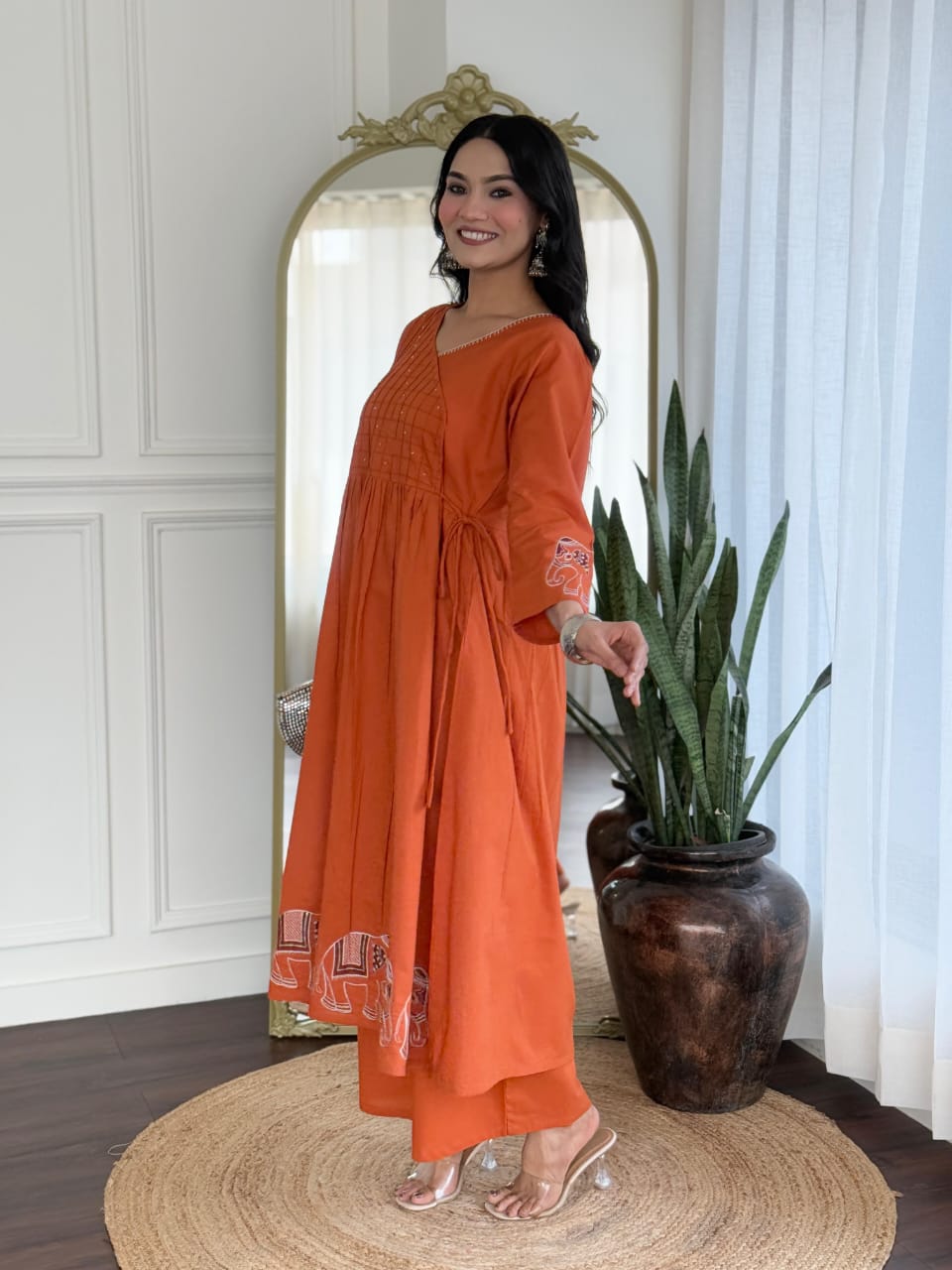Orange V-Neck Flared Cotton Kurta Set with Side Tie-ups