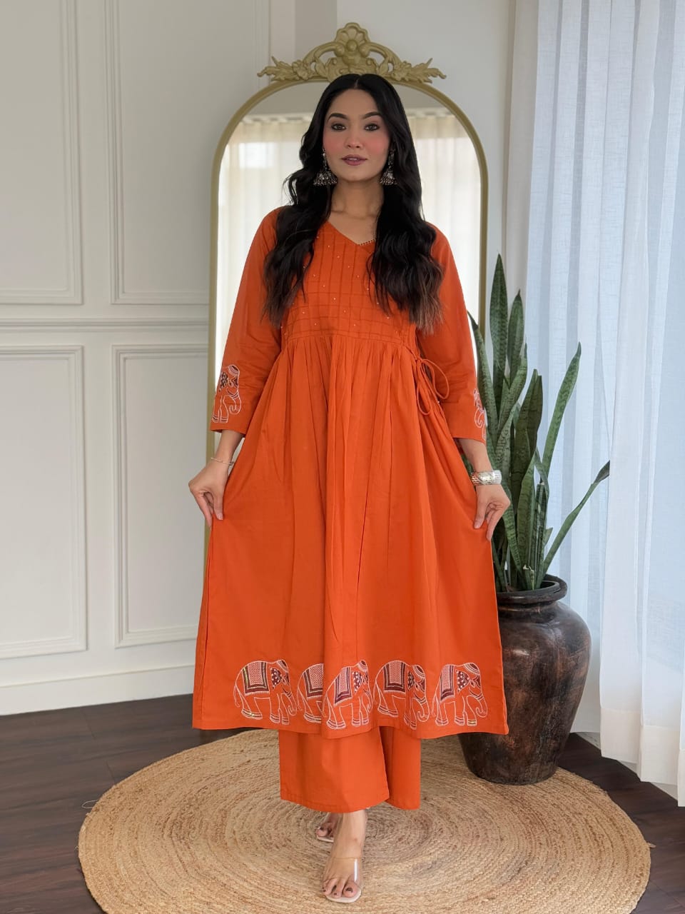 Orange V-Neck Flared Cotton Kurta Set with Side Tie-ups