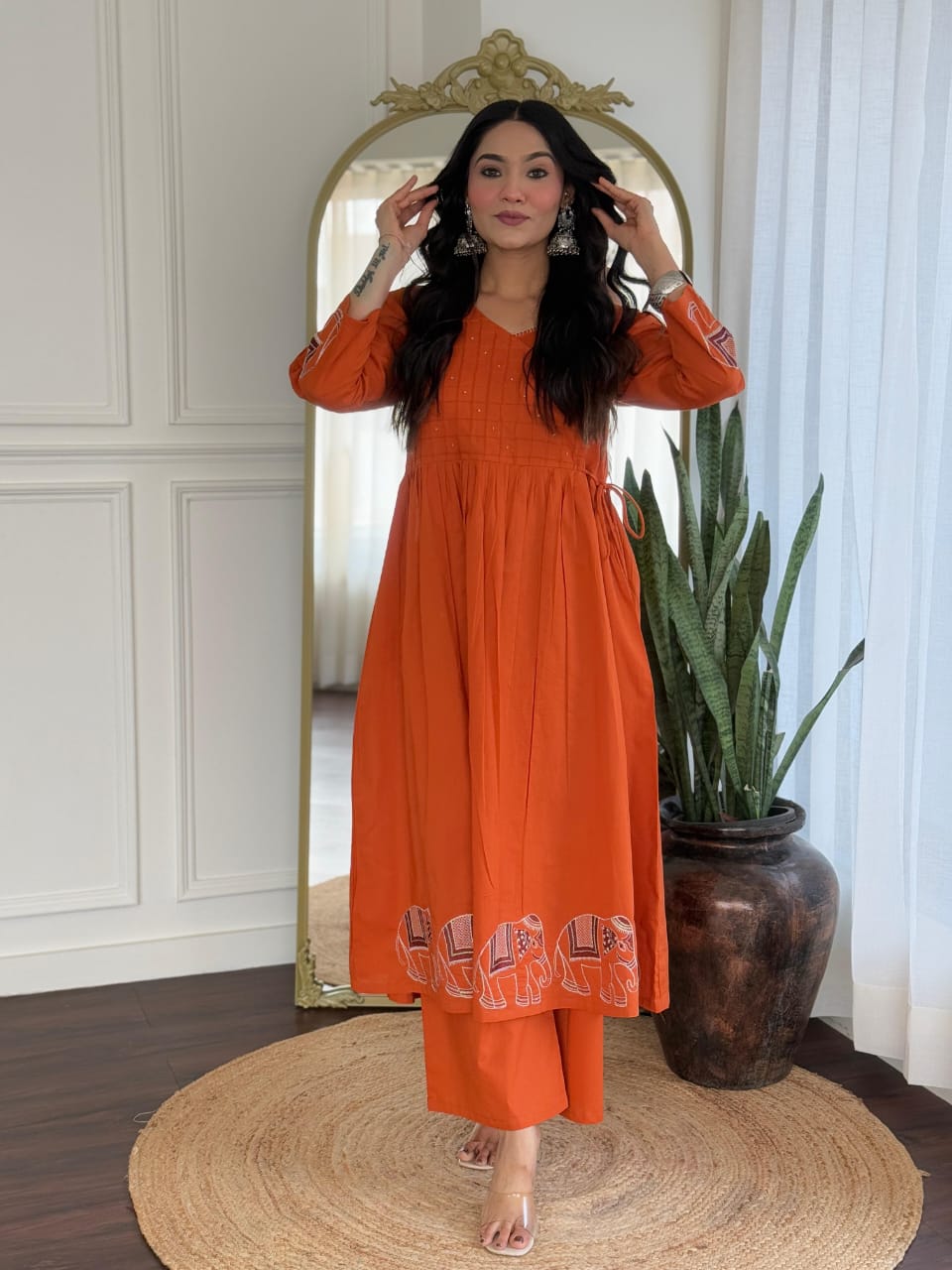 Orange V-Neck Flared Cotton Kurta Set with Side Tie-ups