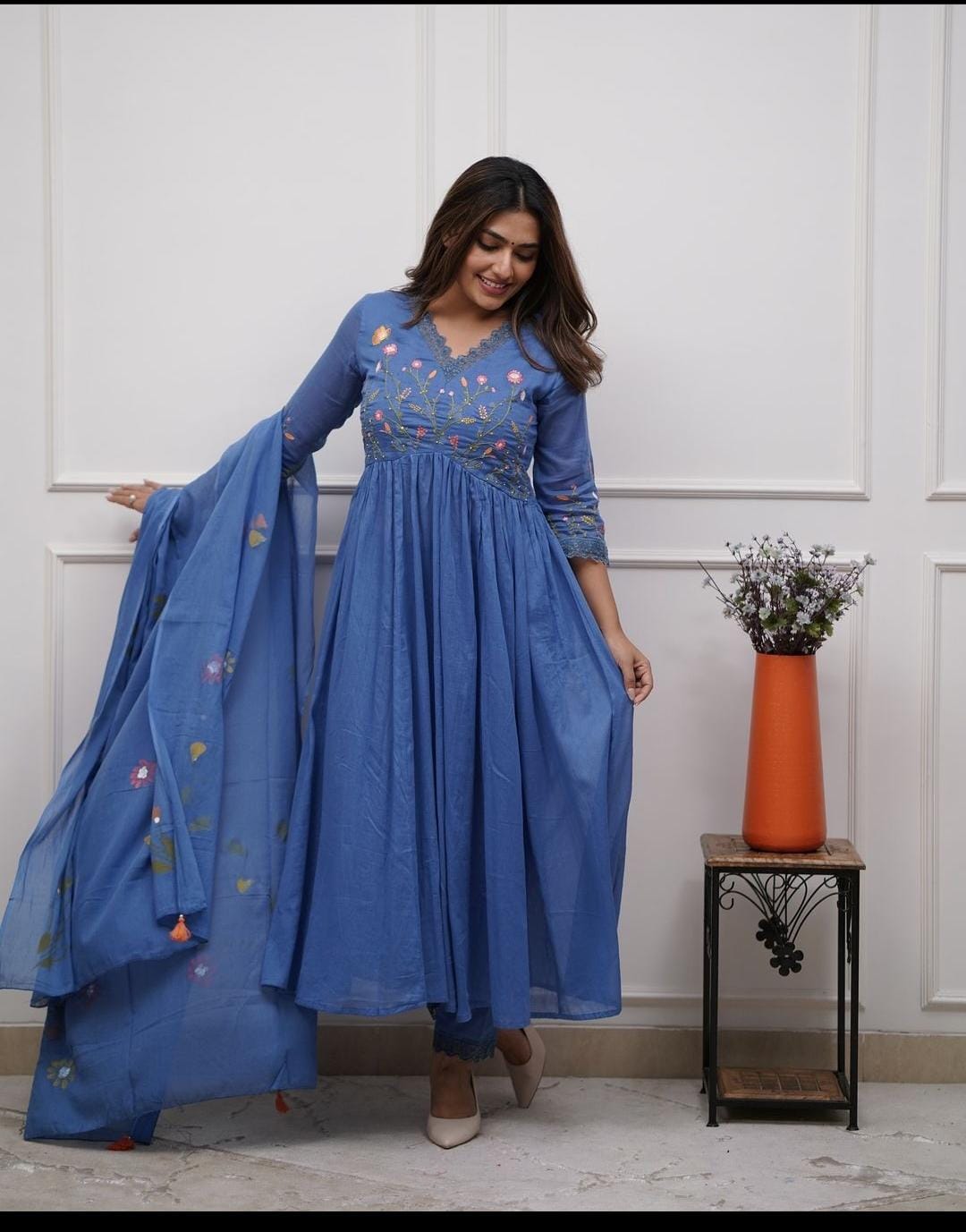 Blue Designer Embroidered Cotton Anarkali Three-Piece Suit Set