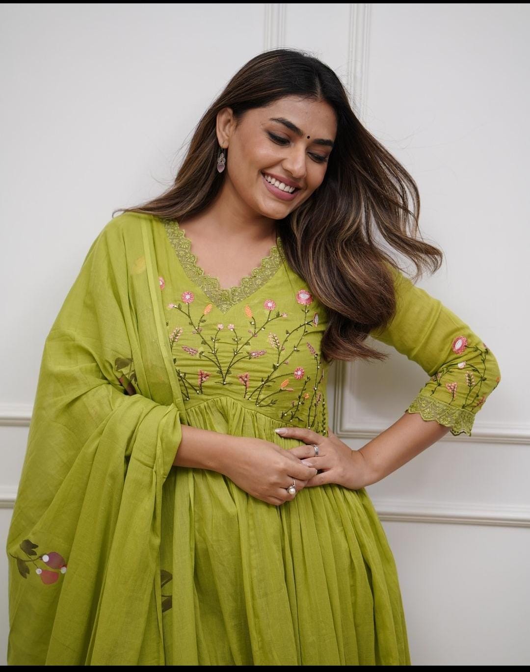 Lime Green Designer Embroidered Cotton Anarkali Three-Piece Suit Set