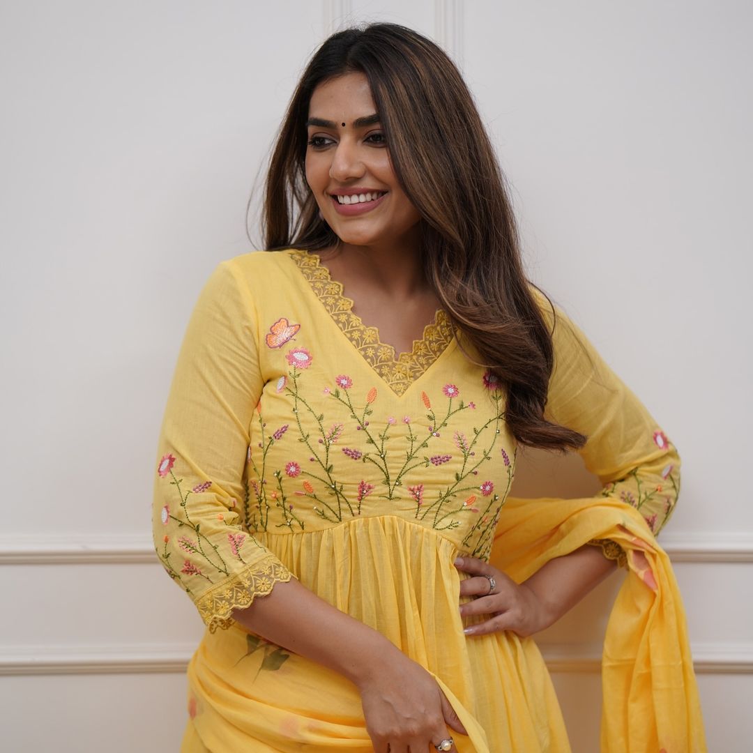 Yellow Designer Embroidered Cotton Anarkali Three-Piece Suit Set