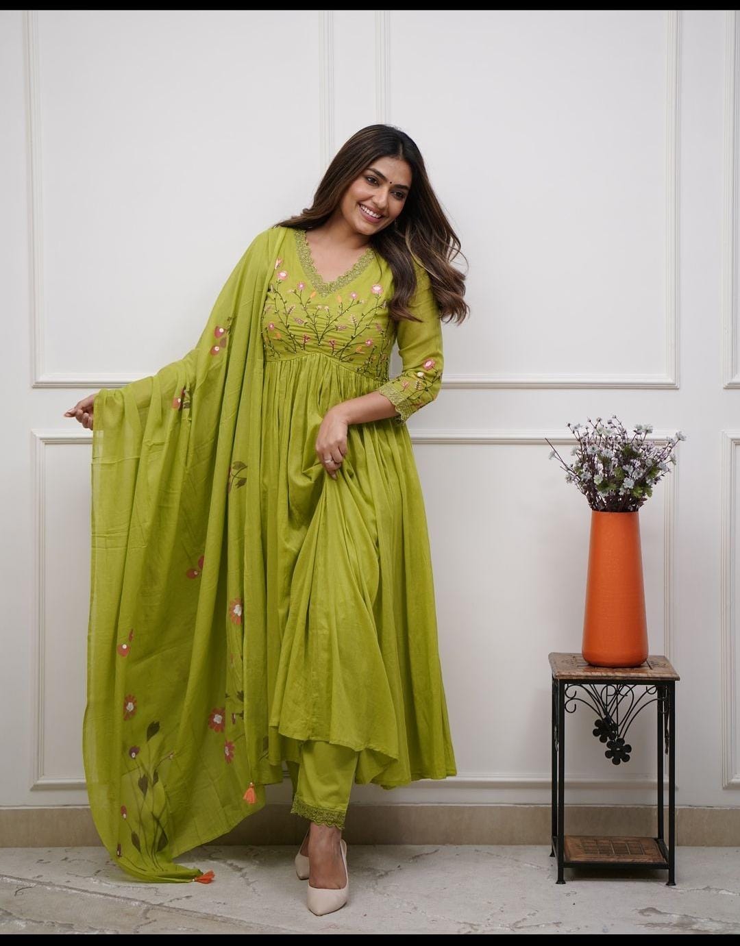 Lime Green Designer Embroidered Cotton Anarkali Three-Piece Suit Set