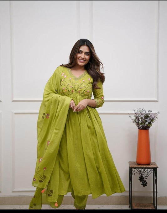 Lime Green Designer Embroidered Cotton Anarkali Three-Piece Suit Set