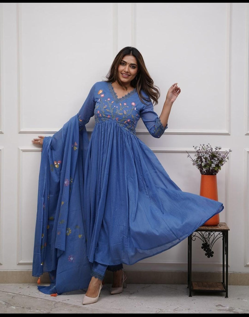 Blue Designer Embroidered Cotton Anarkali Three-Piece Suit Set
