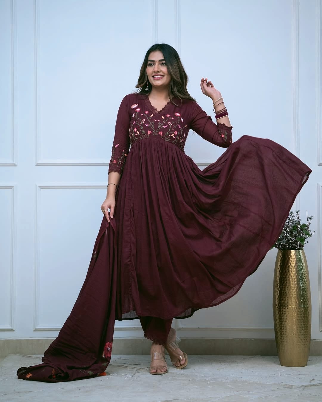 Plum-Purple Designer Embroidered Cotton Anarkali Three-Piece Suit Set