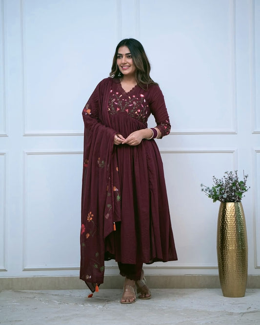 Plum-Purple Designer Embroidered Cotton Anarkali Three-Piece Suit Set
