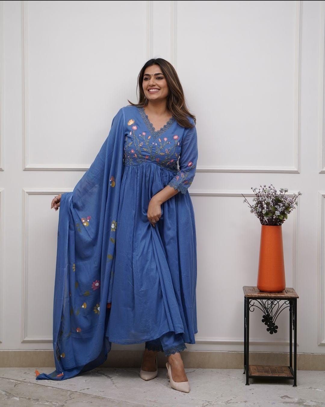 Blue Designer Embroidered Cotton Anarkali Three-Piece Suit Set