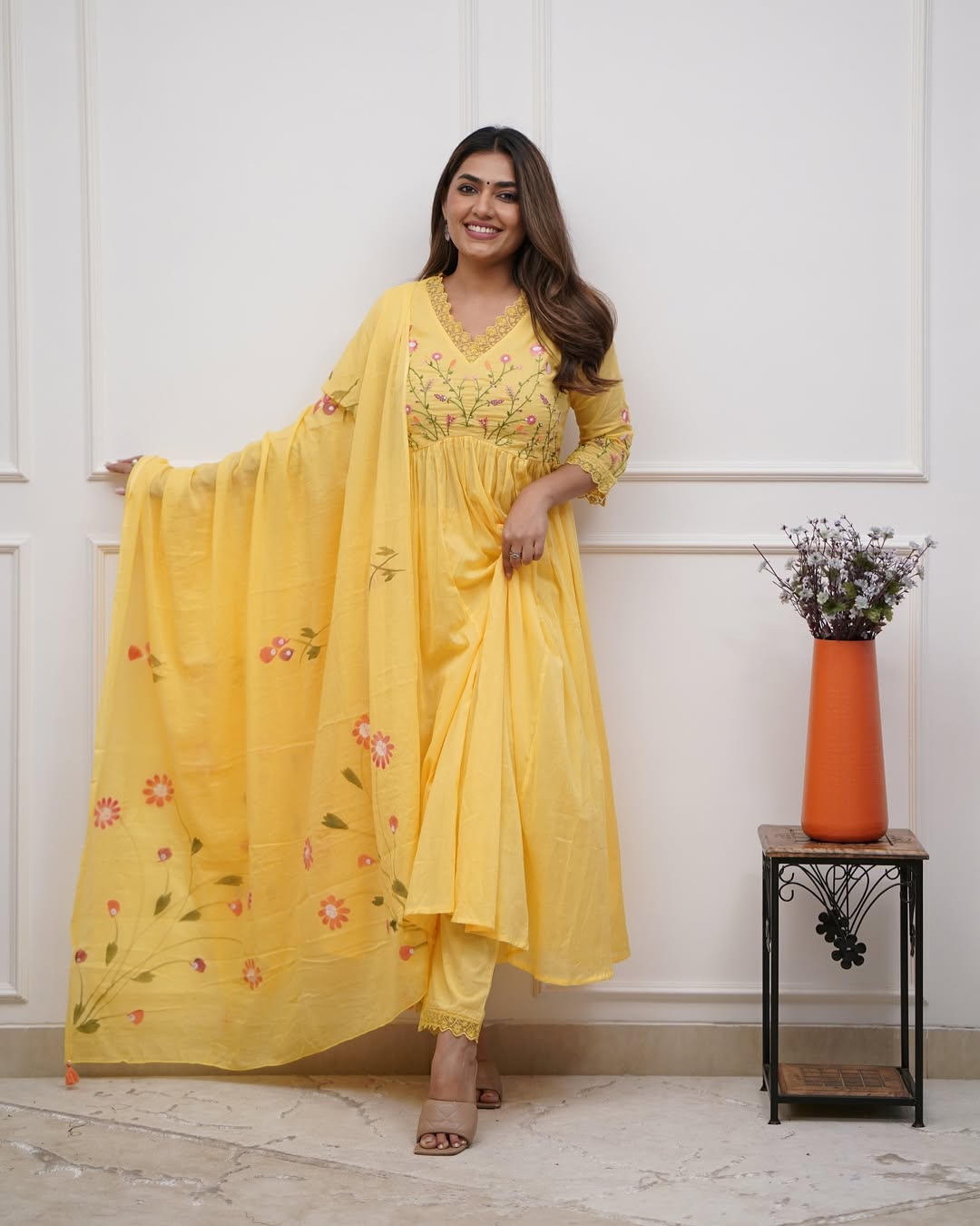 Yellow Designer Embroidered Cotton Anarkali Three-Piece Suit Set