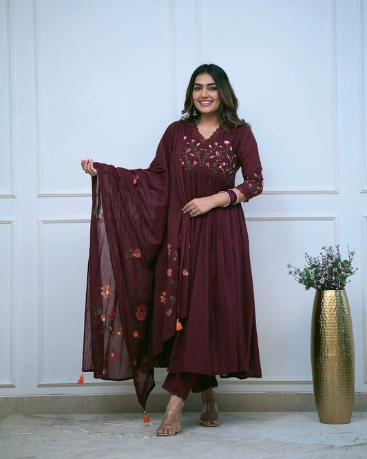 Plum-Purple Designer Embroidered Cotton Anarkali Three-Piece Suit Set