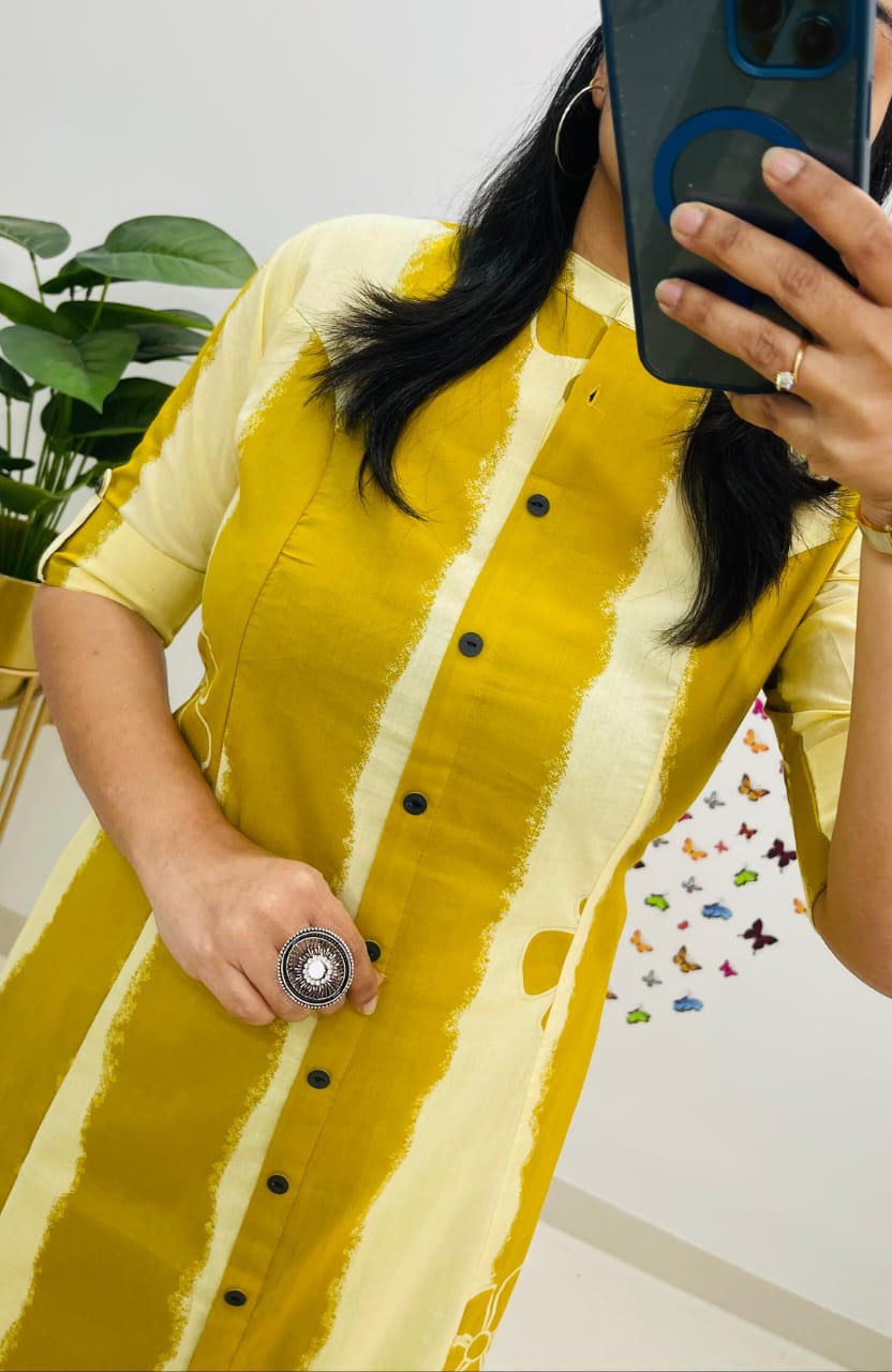 Yellow Floral and Striped Cotton A-Line Ethnic Kurta Set