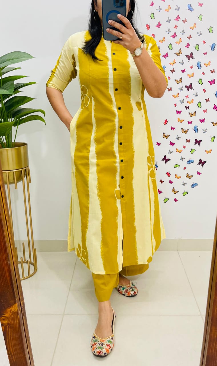 Yellow Floral and Striped Cotton A-Line Ethnic Kurta Set