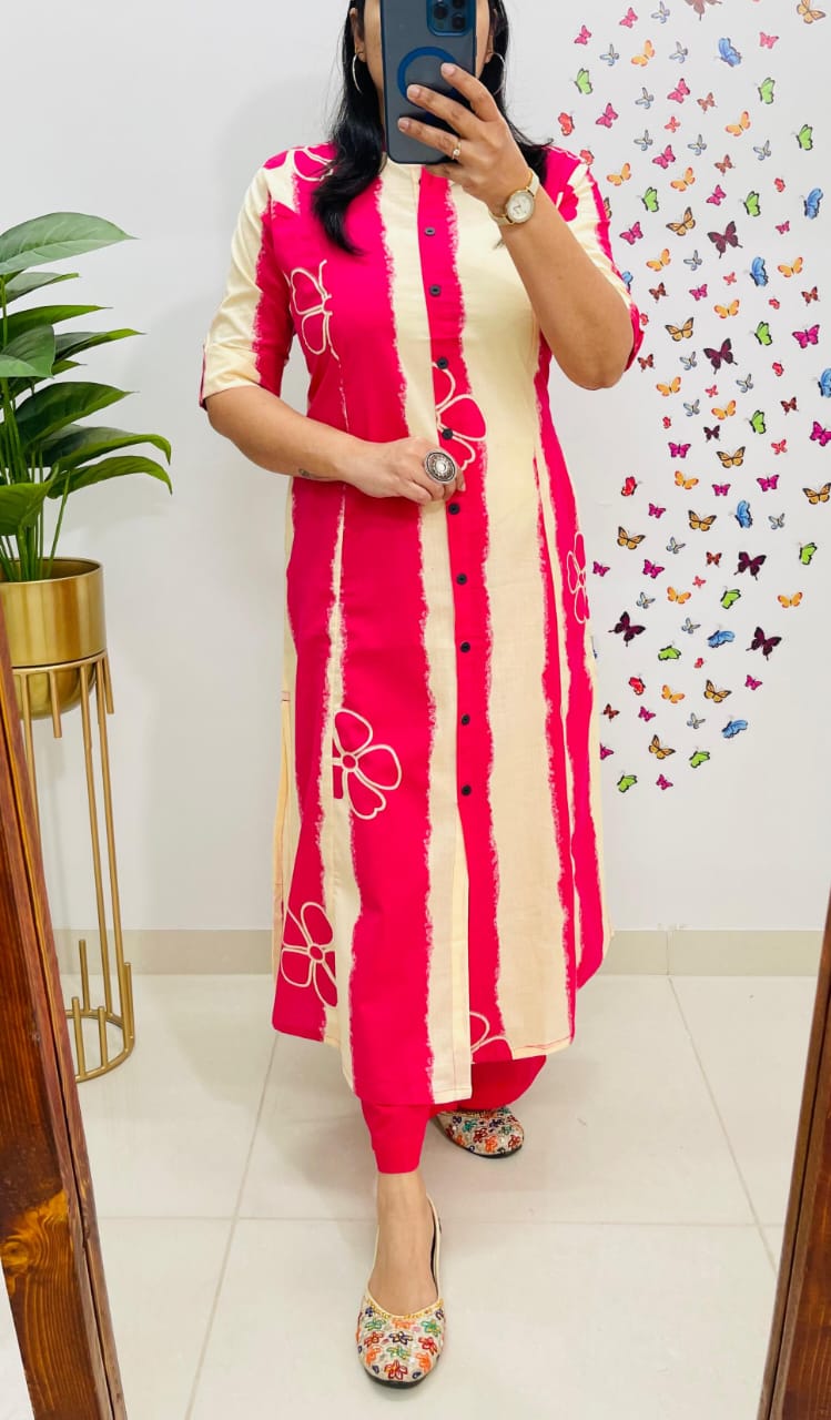Pink Floral and Striped Cotton A-Line Ethnic Kurta Set