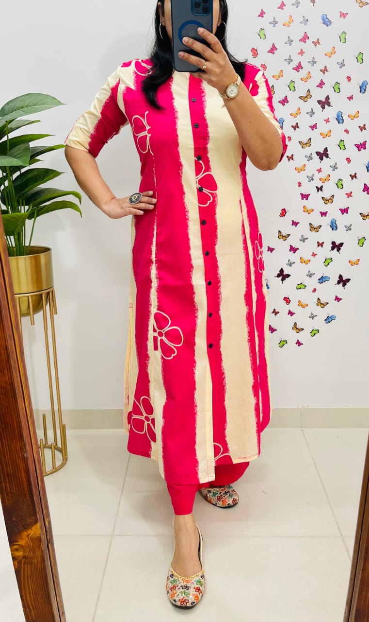Pink Floral and Striped Cotton A-Line Ethnic Kurta Set