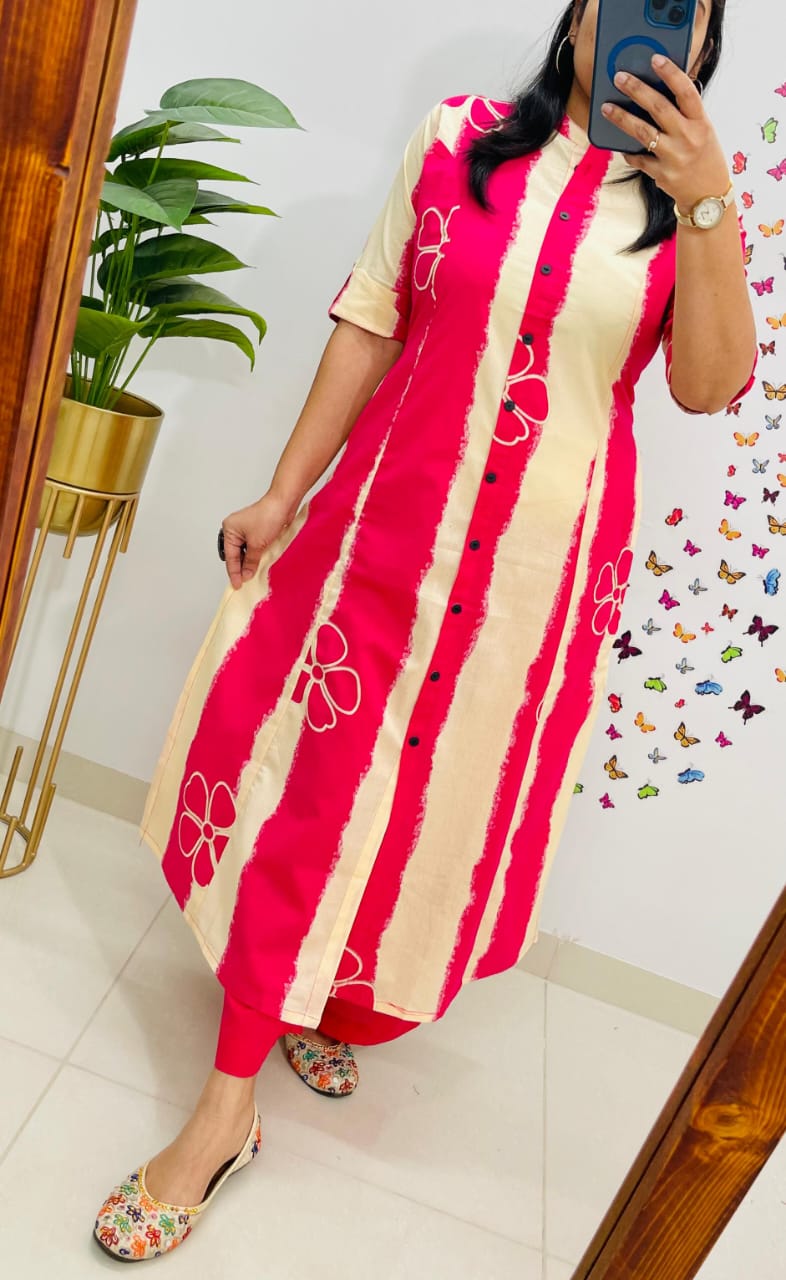 Pink Floral and Striped Cotton A-Line Ethnic Kurta Set