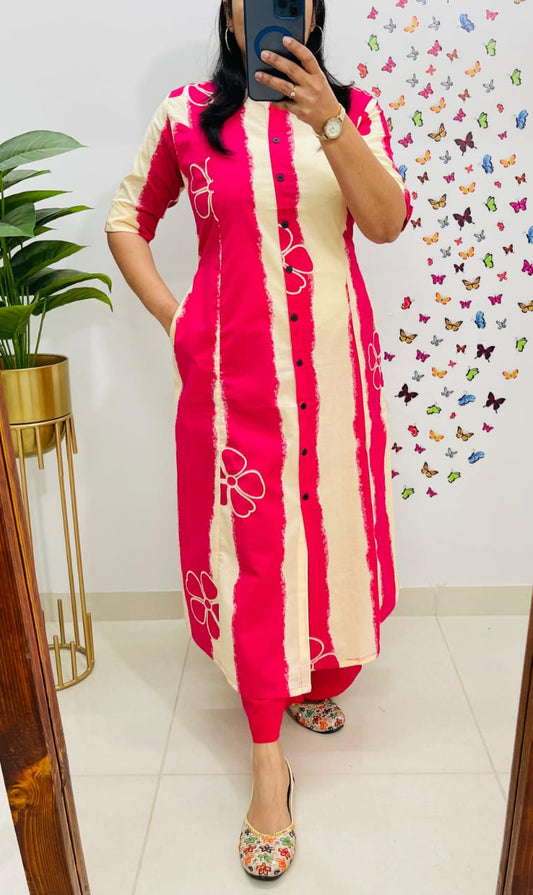 Pink Floral and Striped Cotton A-Line Ethnic Kurta Set