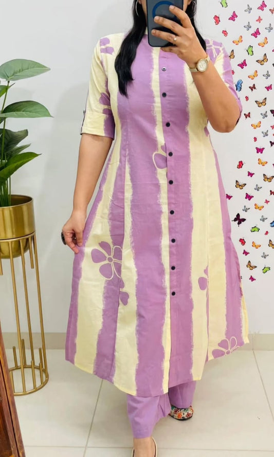 Purple Floral and Striped Cotton A-Line Ethnic Kurta Set