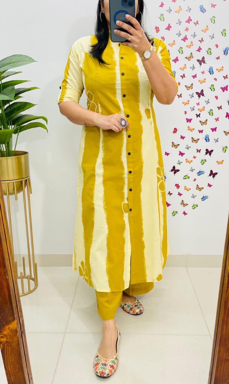 Yellow Floral and Striped Cotton A-Line Ethnic Kurta Set