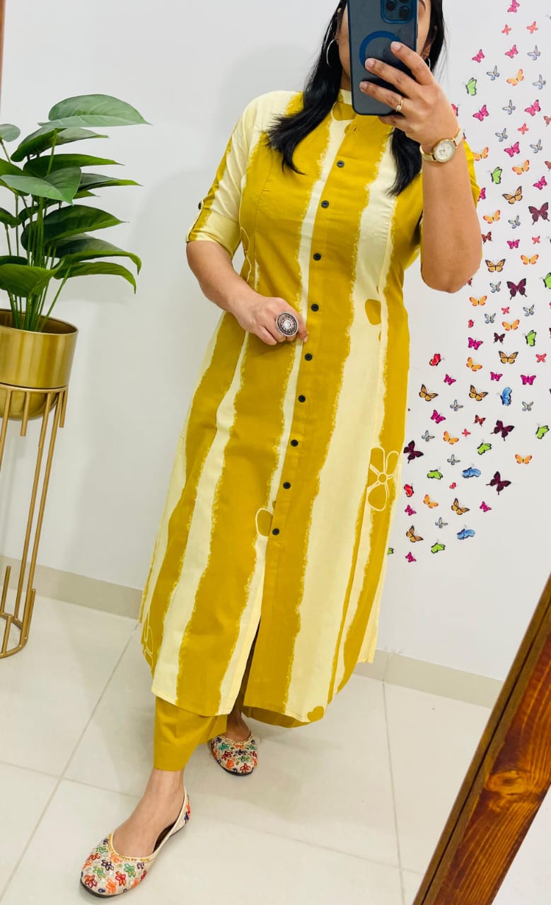 Yellow Floral and Striped Cotton A-Line Ethnic Kurta Set