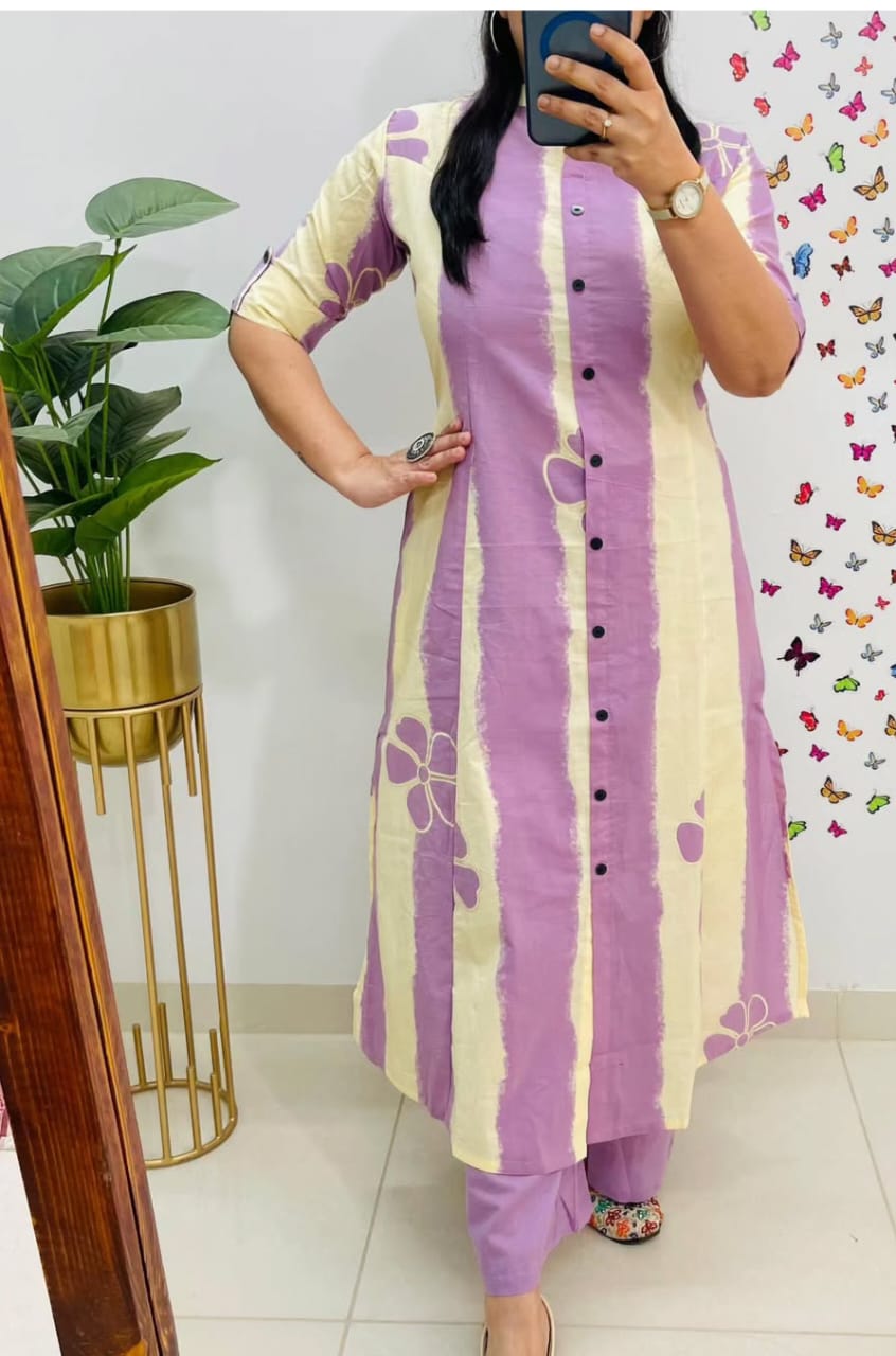 Purple Floral and Striped Cotton A-Line Ethnic Kurta Set