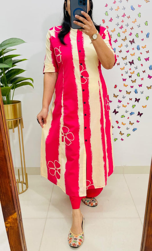 Pink Floral and Striped Cotton A-Line Ethnic Kurta Set