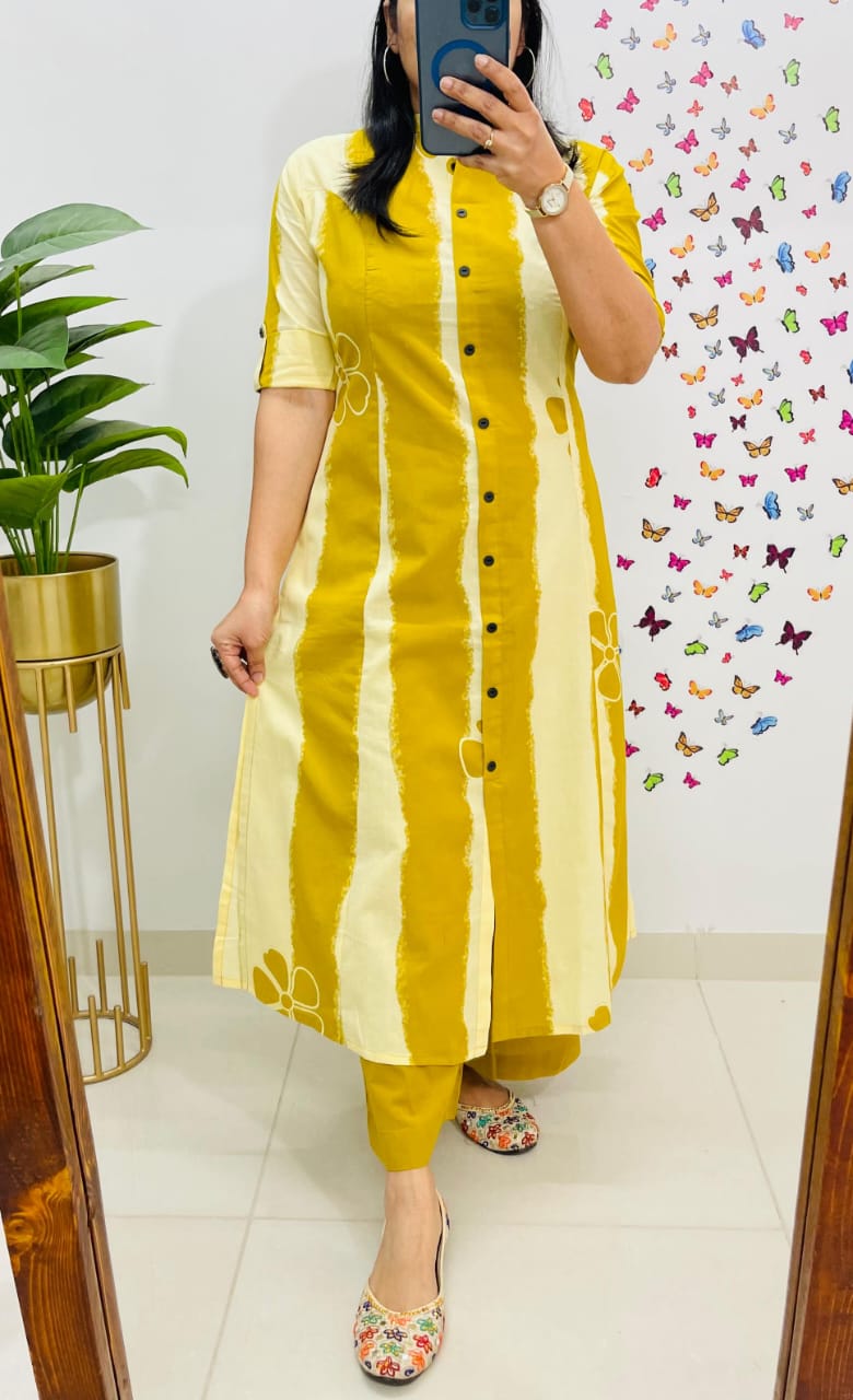 Yellow Floral and Striped Cotton A-Line Ethnic Kurta Set