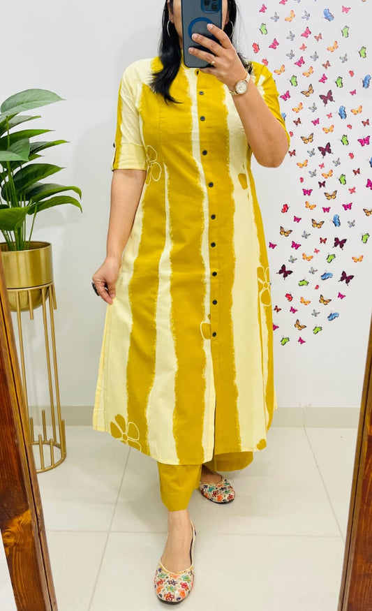 Yellow Floral and Striped Cotton A-Line Ethnic Kurta Set