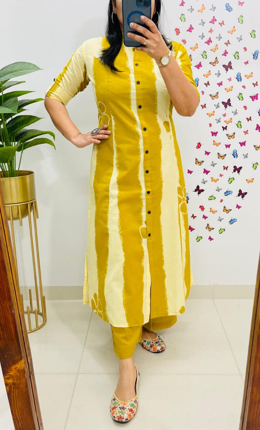 Yellow Floral and Striped Cotton A-Line Ethnic Kurta Set