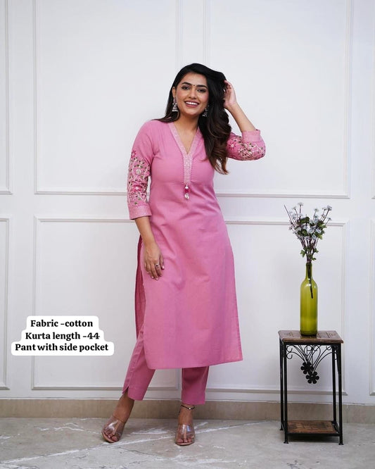 Pink Pure Cotton V-Neck Embroidered Straight Kurta Set