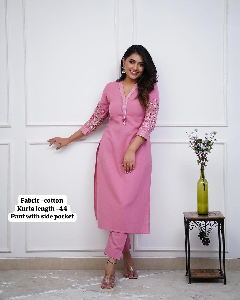 Pink Pure Cotton V-Neck Embroidered Straight Kurta Set