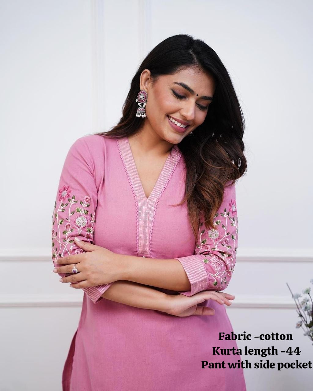 Pink Pure Cotton V-Neck Embroidered Straight Kurta Set