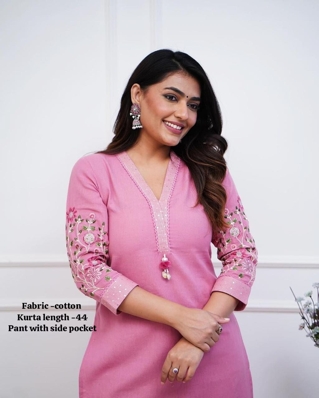 Pink Pure Cotton V-Neck Embroidered Straight Kurta Set