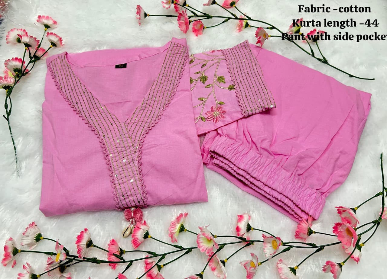 Pink Pure Cotton V-Neck Embroidered Straight Kurta Set