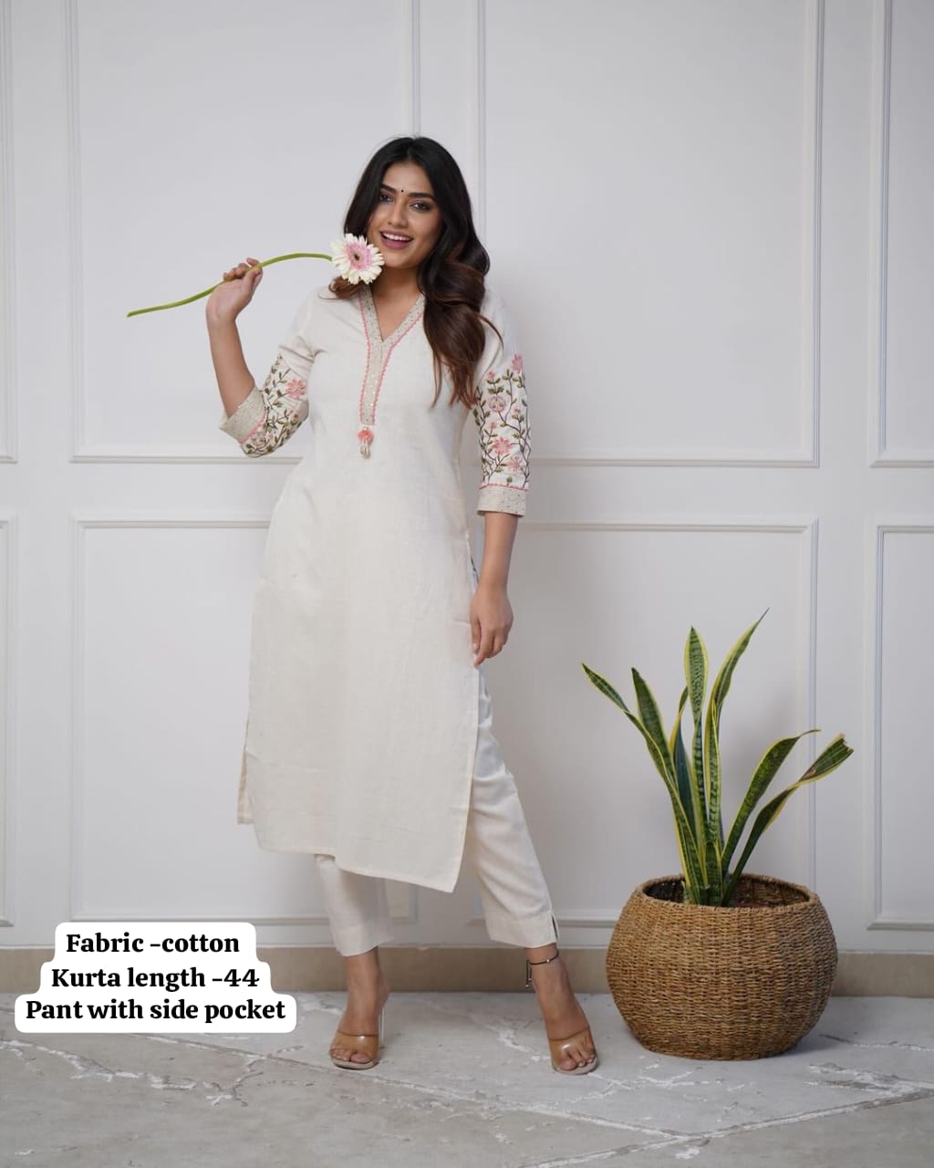 White Pure Cotton V-Neck Embroidered Straight Kurta Set